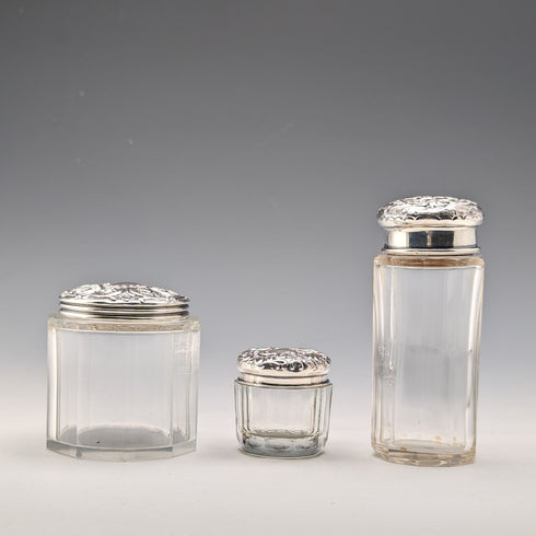 1903年頃 英国アンティーク 純銀蓋 ガラスジャー3個セット